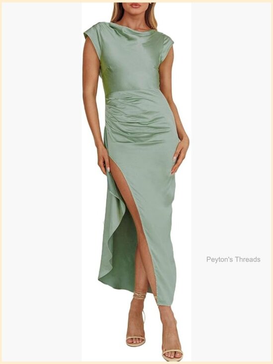 Dresses & Skirts - Satin Cap Sleeve Cowl Back Maxi Dress Formal Party Backless Ruffle